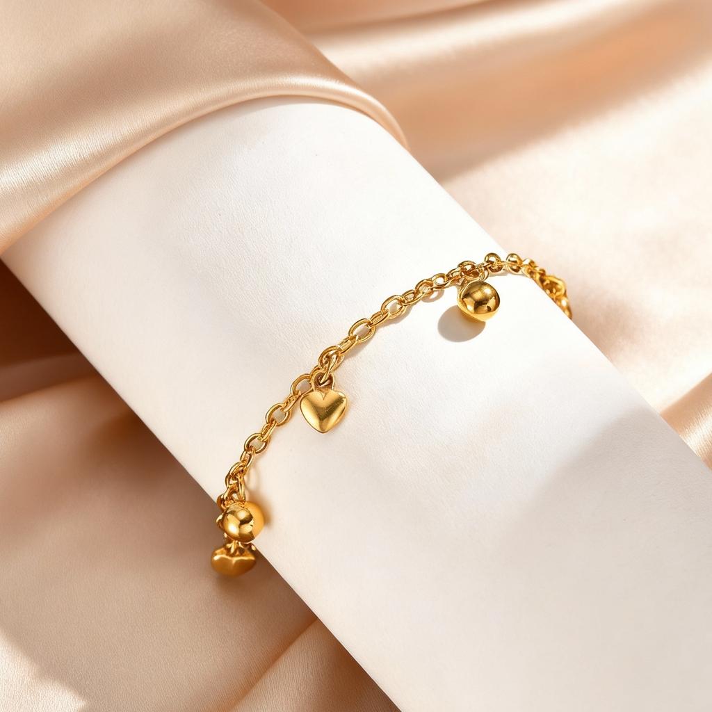 18K Gold Plated Round Beads Heart Charm Bracelet for Women, Stainless Steel Adjustable Bracelets, Dainty Waterproof Jewelry