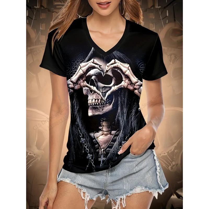 

Women T-shirt Funny Skull 3d Print Tshirt Women Fashion V-Neck Short Sleeve Oversized Tops Tees Female Clothing Halloween Tops S