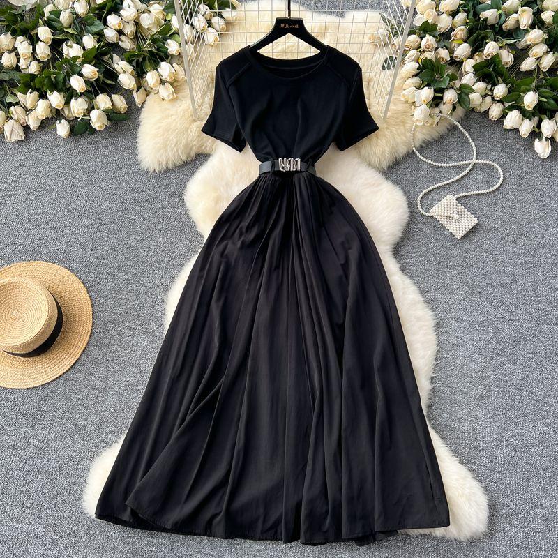 

French Style Fancy round Neck Short Sleeve Dress Women s Summer Dress with Belt Cinched Patchwork Drape Large Swing Elegant Dress Black L