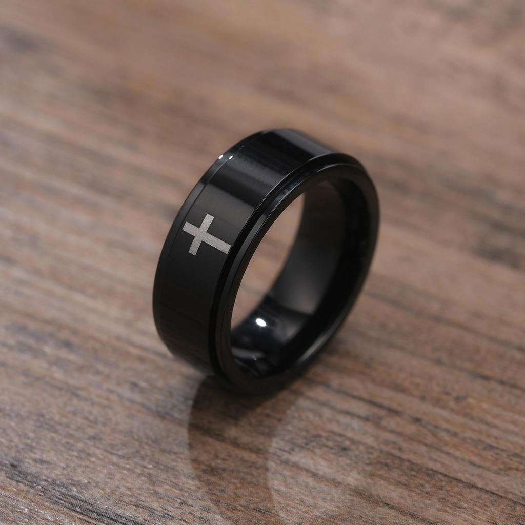 Vnox Spinner Kreuzring für Herren, Schwarz Edelstahl Drehbar Stressabbau Fingerband, Jungen Christus Jesus Religion Ring