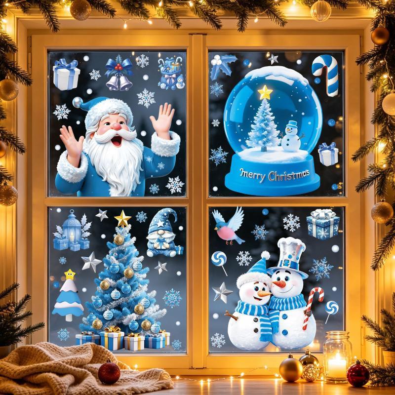 Christmas Decorative Glass Sticker Snowflake Snowman Blue Crystal Ball Theme Non-residue Window Decal for Xmas Party Home