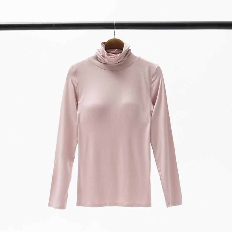 Women's Modal Padded High Neck Long Sleeve T-Shirt with Integrated No Underwire Bra Cup Pajama Base Layer