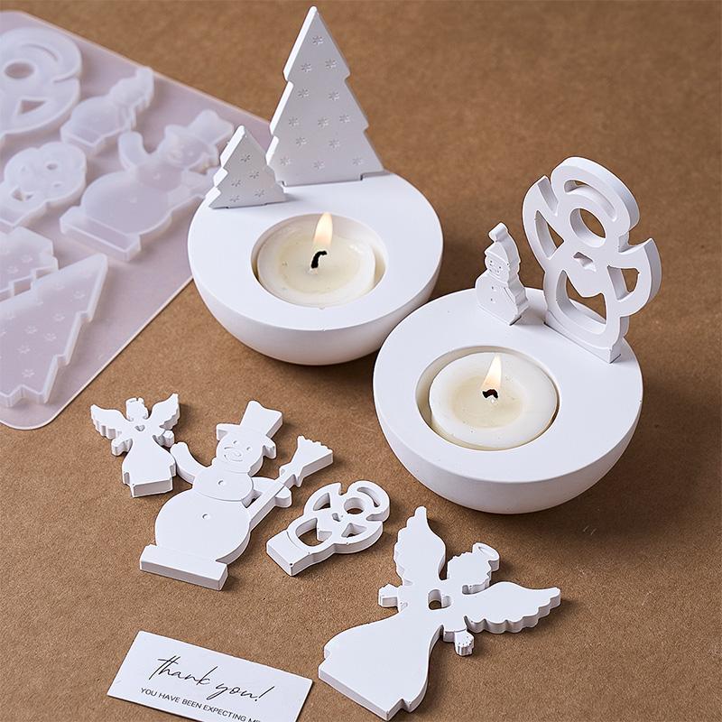 Christmas Series Candle Holder Silicone Mold DIY Plaster Pouring Round Scented Candle Cup Christmas Tree Angel Insert Base Craft