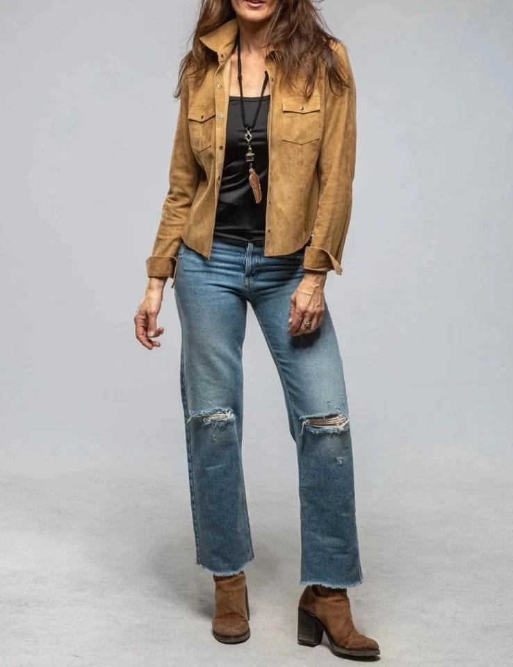 Handmade Suede Office Formal Wear Women's Shirt Brown Genuine Stylish Lambskin