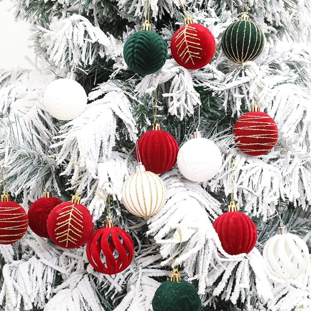 12PCS 6CM Velvet Christmas Ornaments Balls, Flocked Christmas Tree Ball Hanging Ornaments Shatterproof Xmas Bulbs For Christmas Tree