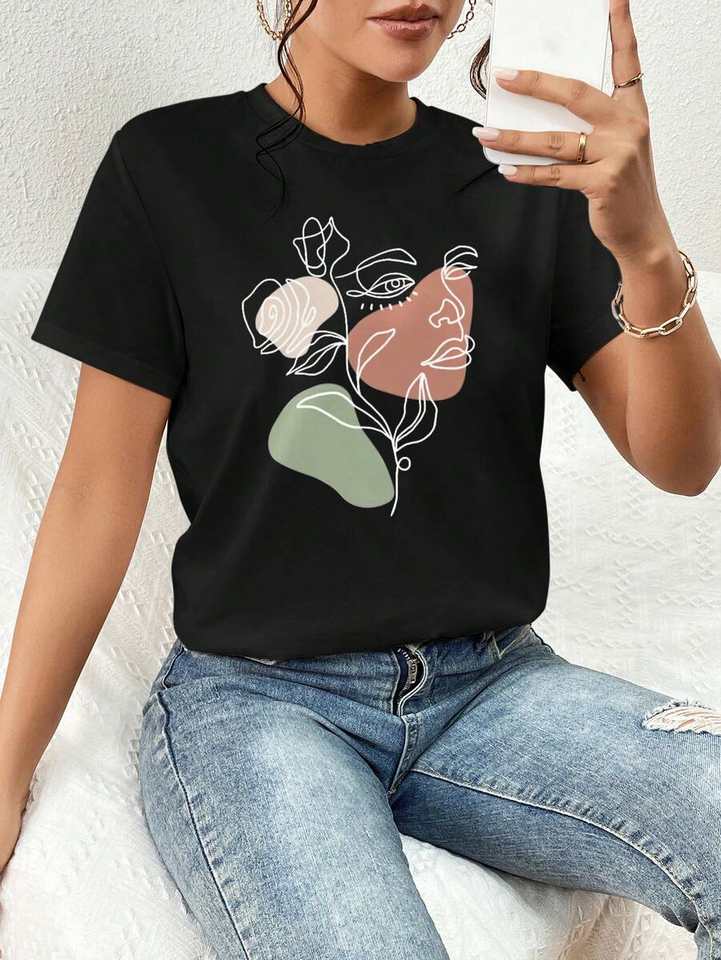 Women Floral Print Round Neck Short Sleeve Casual Fit T‑Shirt Casual Tops For Summer Outing