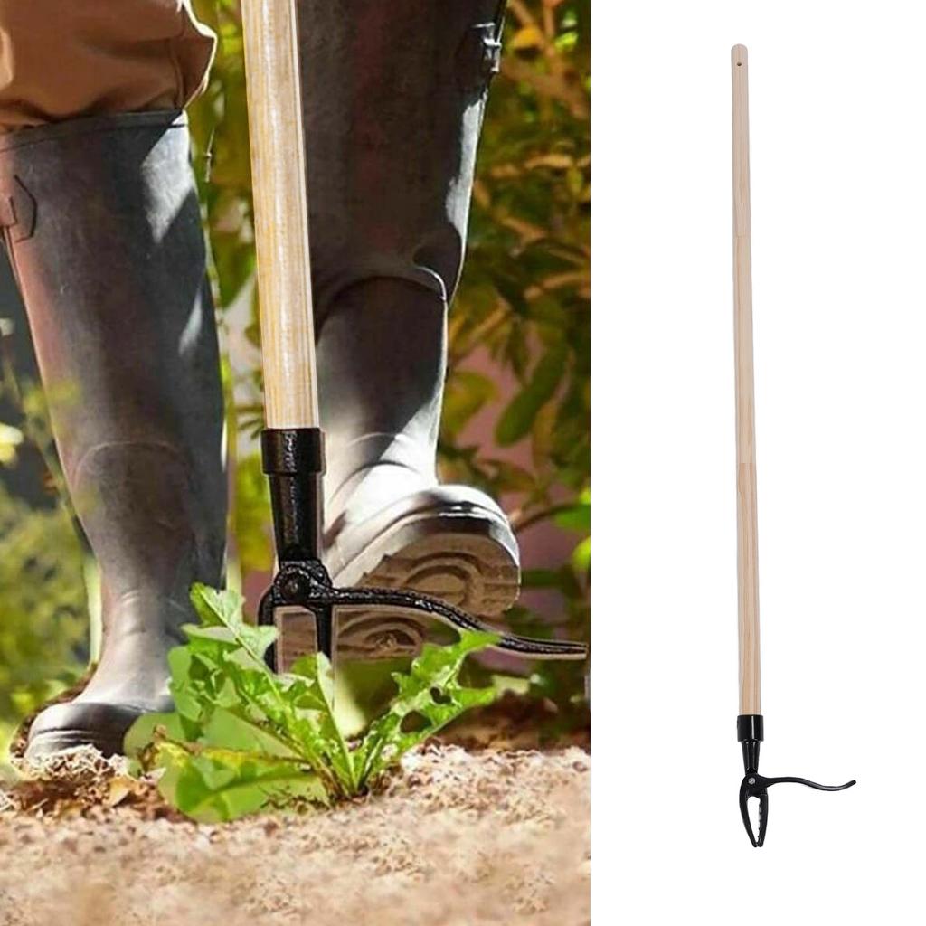 Stand Up Weed Puller Tool with Wood Long Handle Garden Hand Weeding Tool Aluminum Alloy Claw