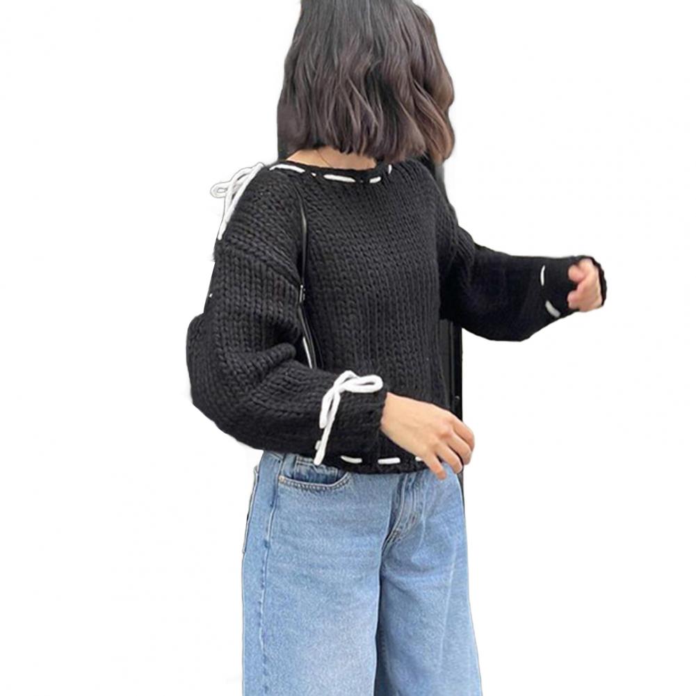 

Женский свитер с круглым вырезом и длинным рукавом, трикотажные топы, однотонные, со шнуровкой и бантом, свободный крой, эластичный трикотаж S чёрный