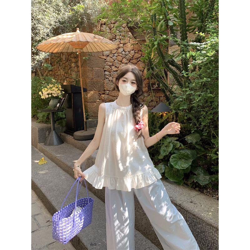 

Kumikumi French style Gentle Set Sleeveless round Neck Loose Vest Women Summer Frill Mopping Pants Two-piece Set White Tops One size