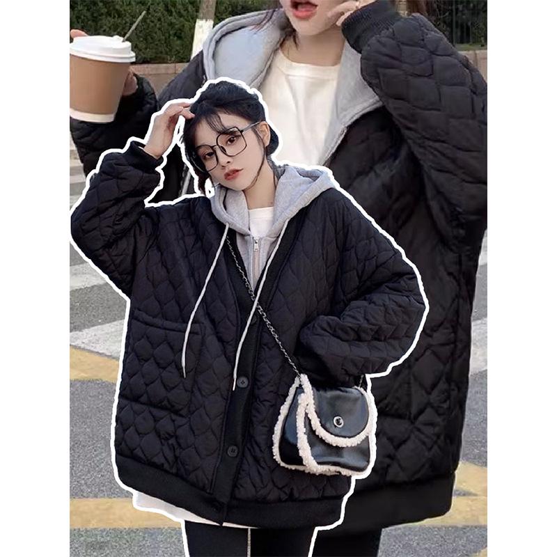 

Plus Size Gray Faux Two-Piece Jacket: Autumn Winter Casual Cotton Coat for Women 6XL (Recommended 240-300 jin)