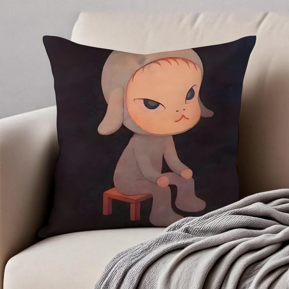 Whimsical Cute Japanese Art YYoshitomo Nara Cushion Cover Pillowcase Antidustmite Invisible Zipper Short Plush Sofa Cushion