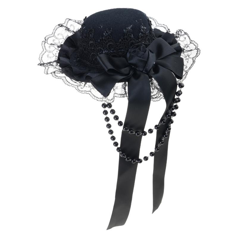 Gothic Lolitas Top Hat Hair Clips Headdress Rose Lace Beaded Headwear Subcultures Hair Accessories Halloween Cosplay