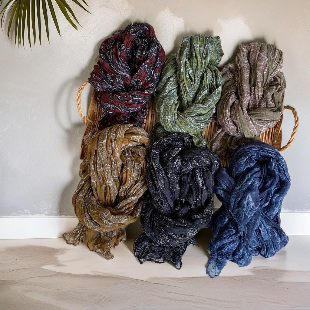 Retro Cotton and Linen Scarf Women's Autumn and Winter Printed Thin Pleated Scarf Silk Scarf Summer