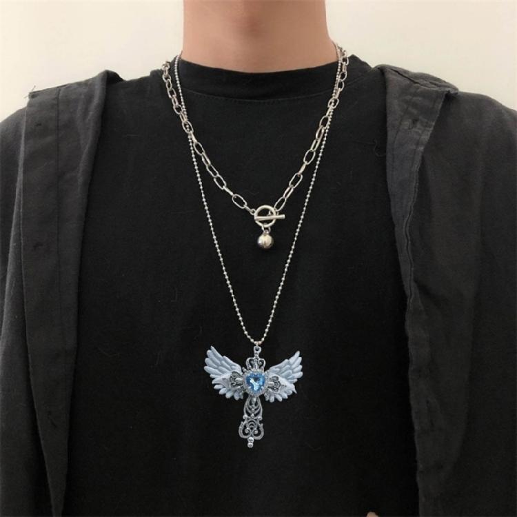 European and American Street Blue Gem Angel Crossed Clavicle Chain Necklace