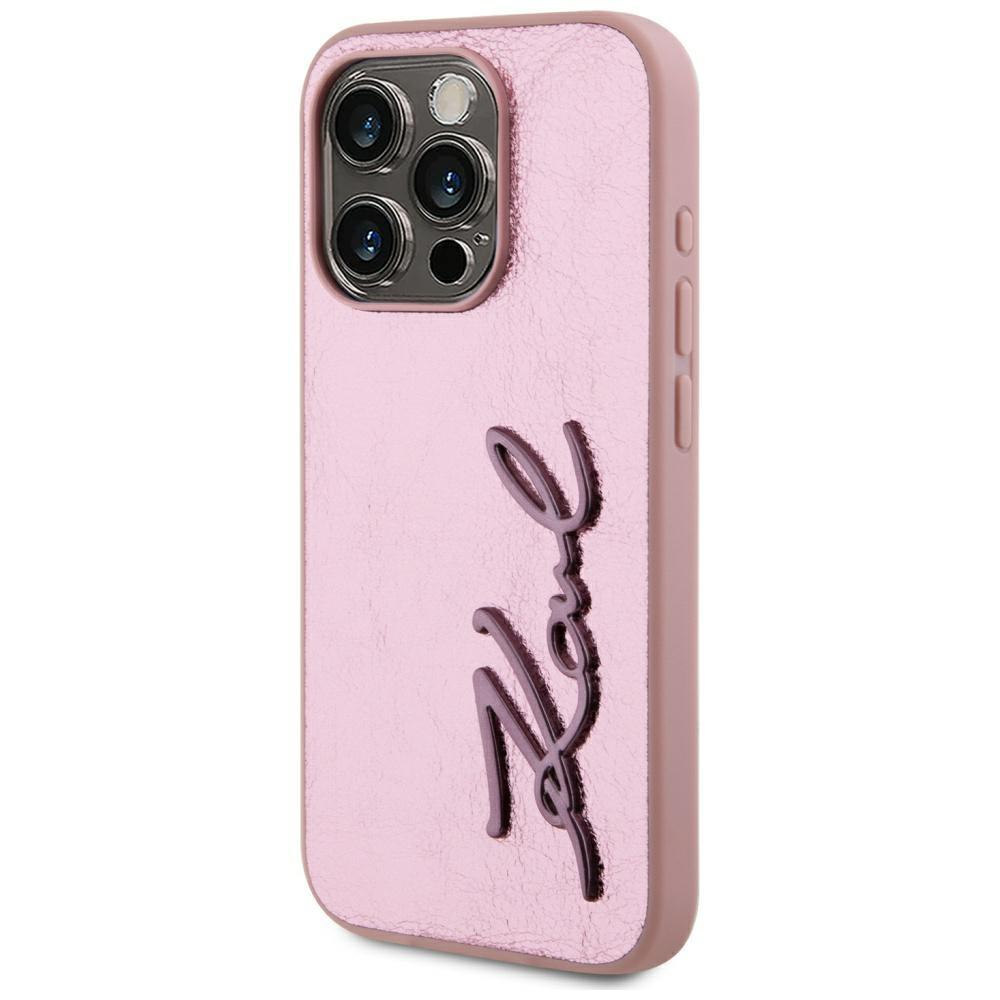 Karl Lagerfeld Wrinkled Metal Signature Case for iPhone 15 Pro Pink