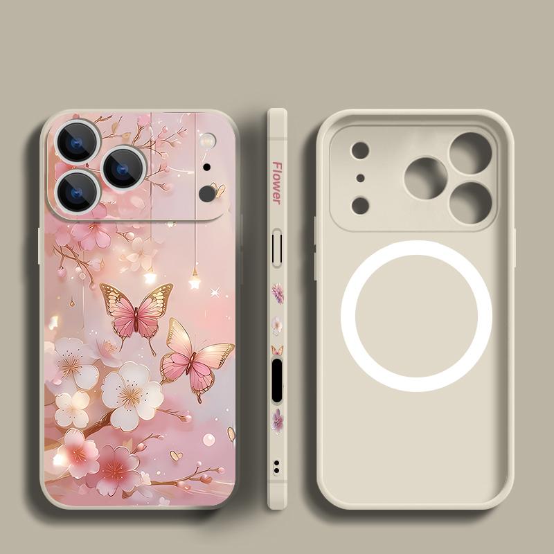 For iPhone 17 Pro Max Case Dream Butterfly Floral Pattern Magnetic For Magsafe Silicone Cover For iPhone 16 Pro Max Funda iPhone 15 14 13 12 11 16E