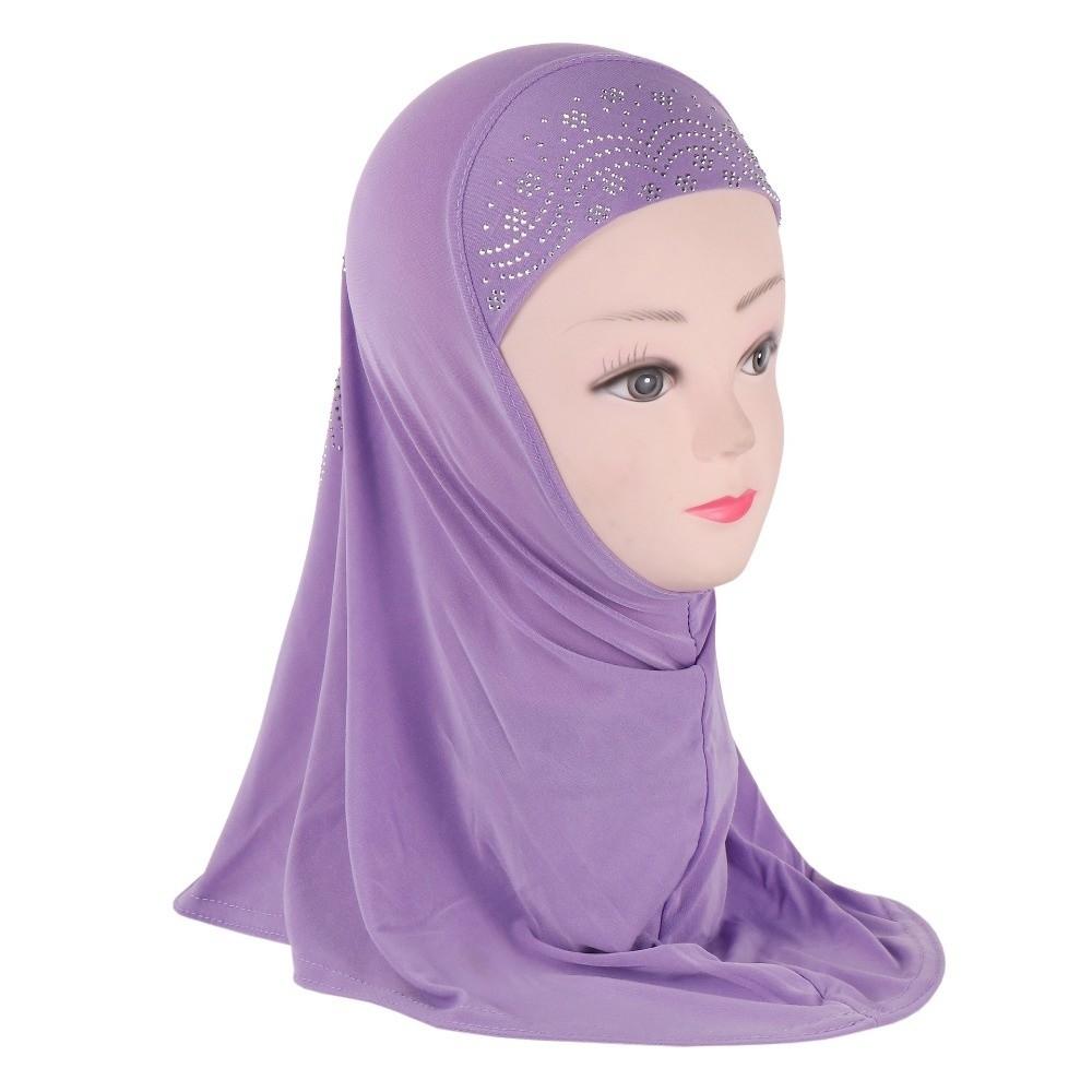Beautiful Cute Girl Rhinestones Hijab Simple Flower Head Wrap Polyester Easy Pull-On Pray Hat Children