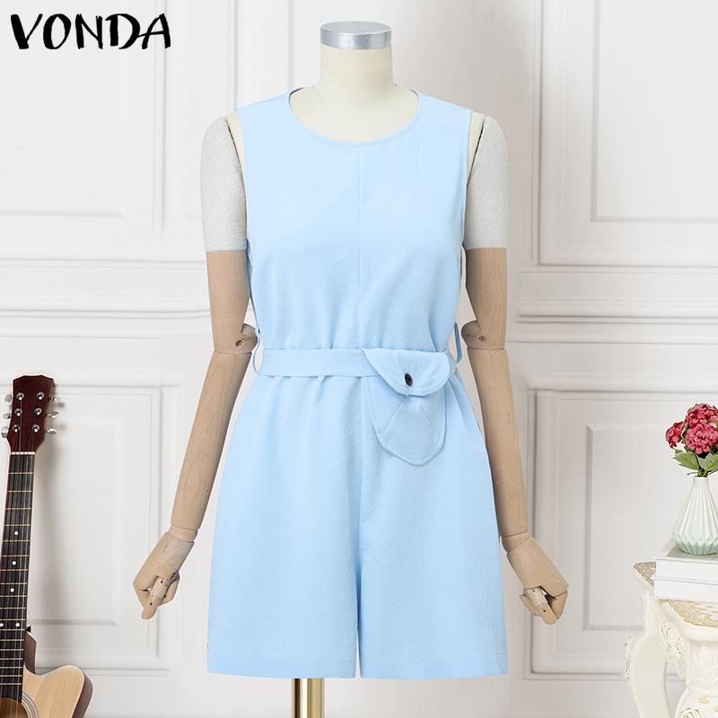 

VONDA Women Sleeveless Dress Summer Round Neck Belt A Line Casual Mini Dress 3XL