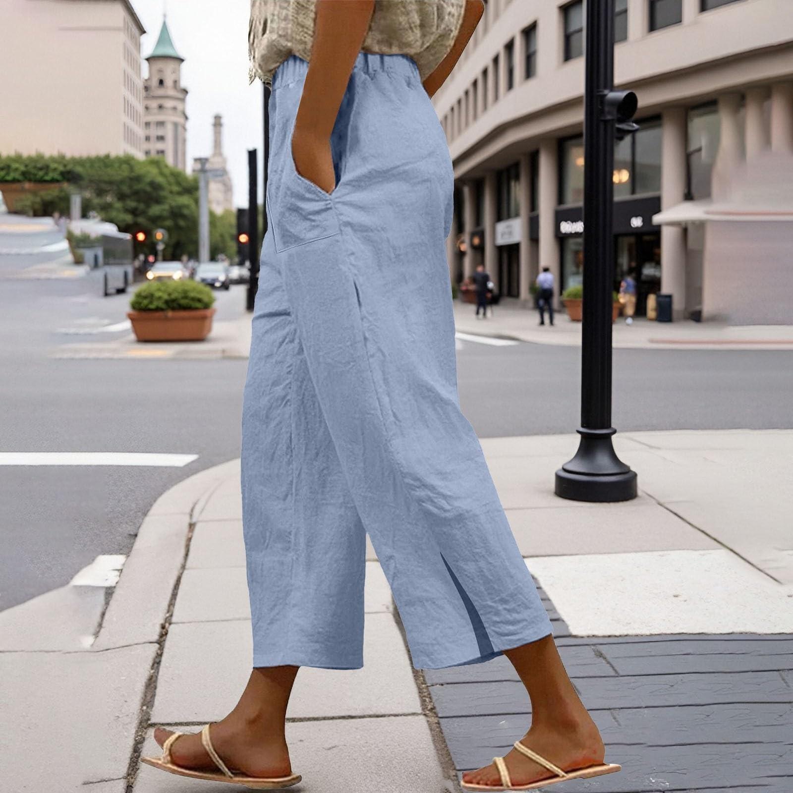 

Жіночі однотонні повсякденні штани з еластичною талією, вільні лляні укорочені штани з кишенями S