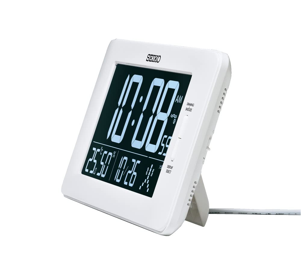 Seiko Clock Digital Alarm Temperature and Humidity x 23 x cm DL216W, Clock, Radio-Controlled, AC-Powered, 3-Mode Display, Display, White, Dimensions