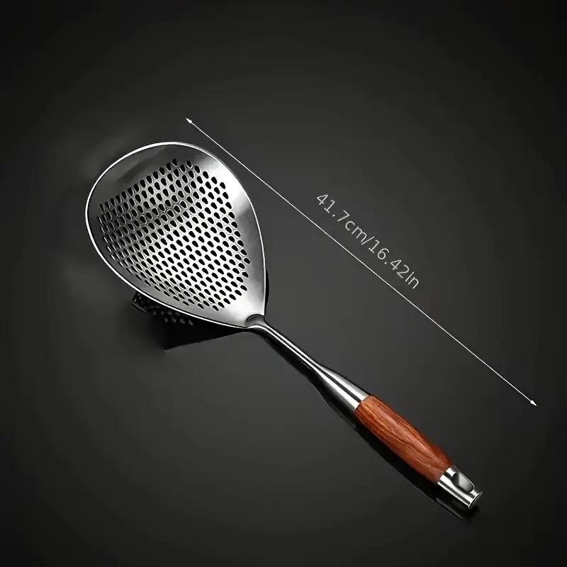 Wooden Handle Anti-Scald Large Size! Stainless Steel Large Slotted Spoon Honeycomb Hole Fast Drain Kitchen Deep Frying Boiling серый