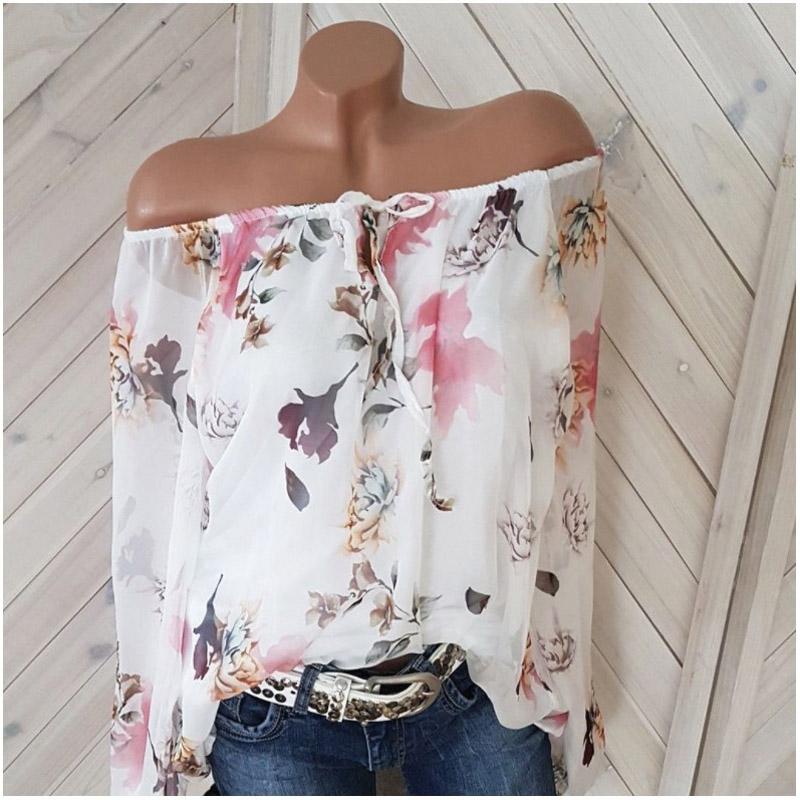 Fashion Women's All-Match Sexy One-Neck Printed Loose Chiffon Shirt Long Sleeve Top