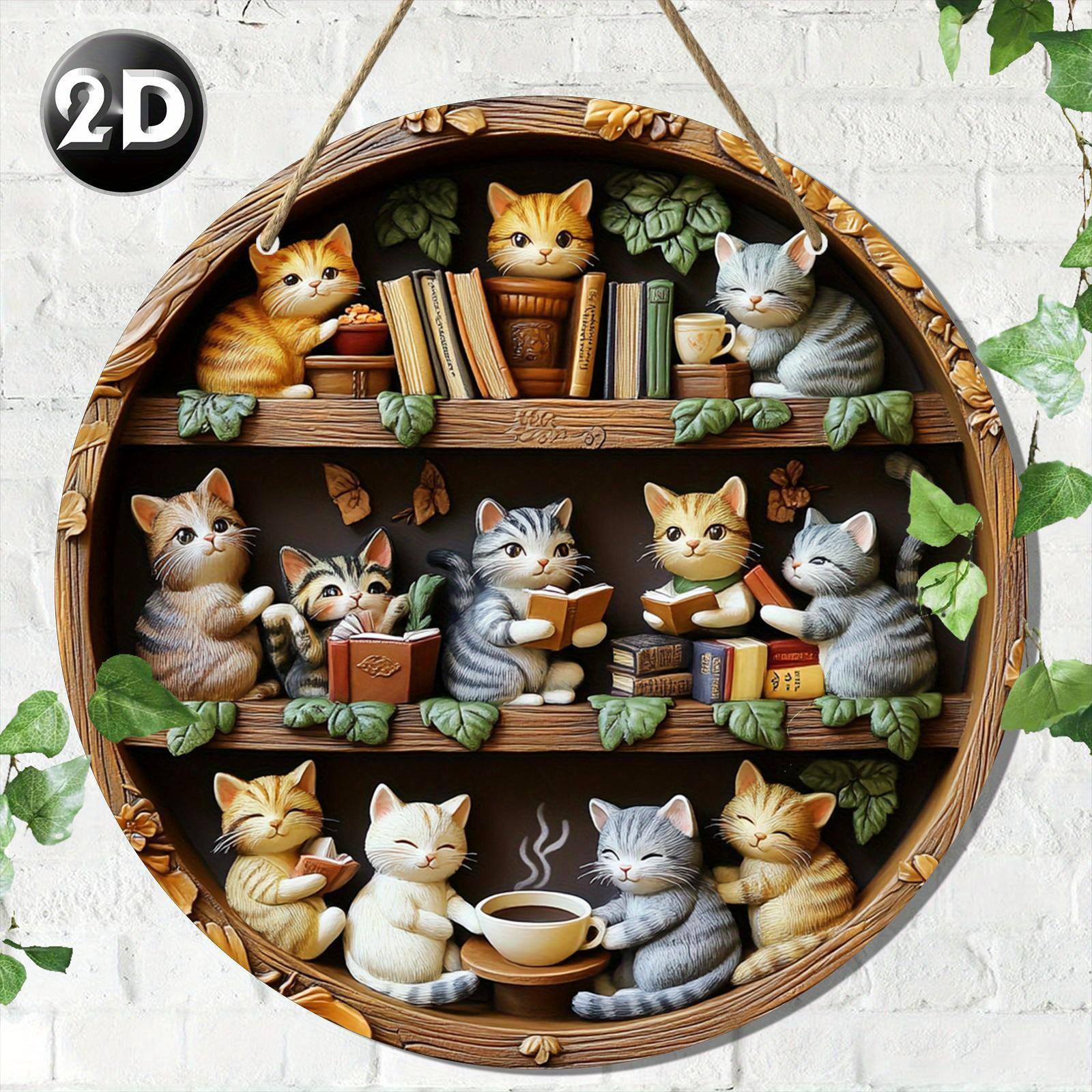 

1 Piece Classic Wooden Cat Reading Wall Art, 2D Round Retro Style Decorative Sign, Multipurpose Wall Hanging for Bedroom, Office, Garden, Wedding, Bir