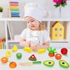 TooyBing Wooden Play Food Toy Set for Kitchen 30 Montessori Cut Color Sort Fake Fruit Accessories with 4 Toddler Play Birthday Gift for Boys and Girls
