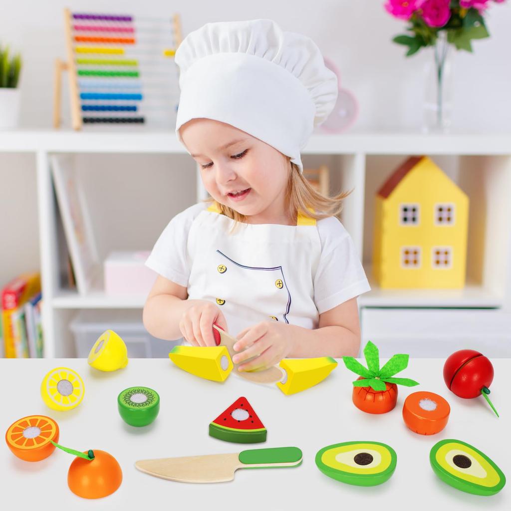 TooyBing Wooden Play Food Toy Set for Kitchen 30 Montessori Cut Color Sort Fake Fruit Accessories with 4 Toddler Play Birthday Gift for Boys and Girls