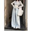 Women's Spring High-Waisted Wide-Leg Pants with Bowknot, Blue Stripes, Slim-Fit, Elastic Waist, Casual and Versatile Style.