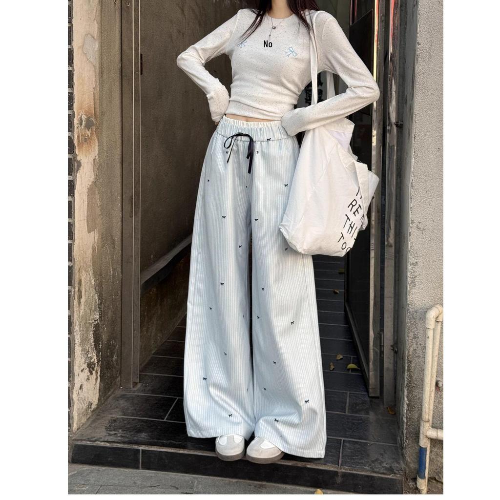 Women's Spring High-Waisted Wide-Leg Pants with Bowknot, Blue Stripes, Slim-Fit, Elastic Waist, Casual and Versatile Style.