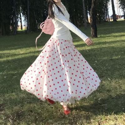 Japanese Style Sweet Cute Polka Dot Puff Bubble Skirt - Red Dots A-Line Midi Skirt for Women Spring/Summer