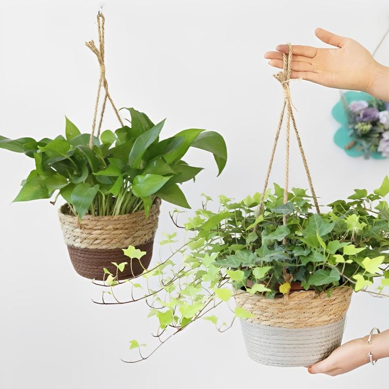 Stroh Hängender Korb Hanfseil Geflochtene Blumenkörbe Topfpflanzen Blumentöpfe