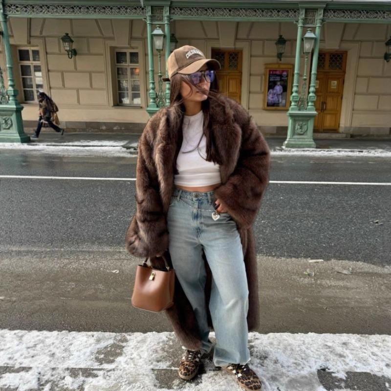 Winter Brown Fur Coat Extended Retro Suit Collar Imitation Fur Coat High-end Fox Fur Coat Women
