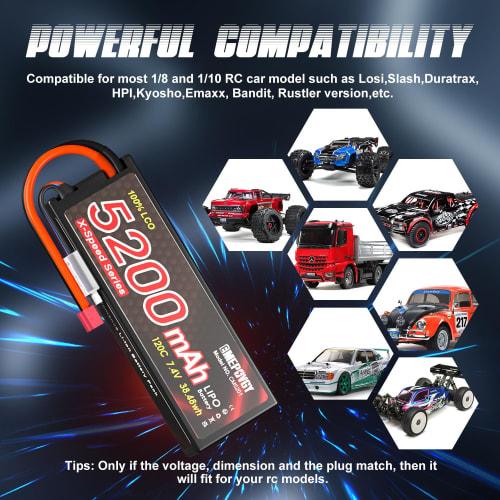 7.4V LiPo Battery, 5200mAh, 120C, 2S, Set of 2, with Deans T, X-Speed ??Series, Compatible with a Wide Range of RC Cars and Trucks