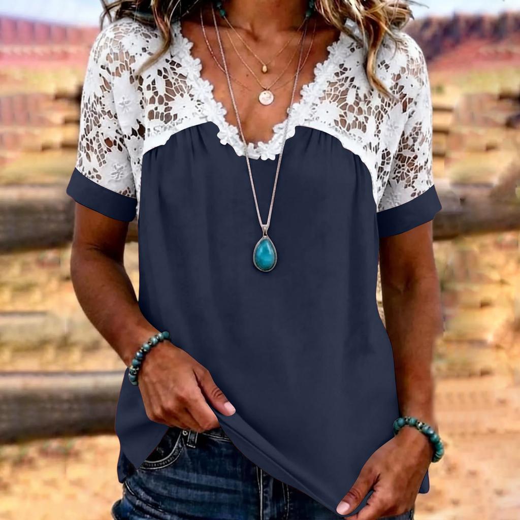 Women’s Short Sleeve Lace Patchwork Blouse V Neck Casual Loose Fit Top with Floral Crochet Design for Daily Wear