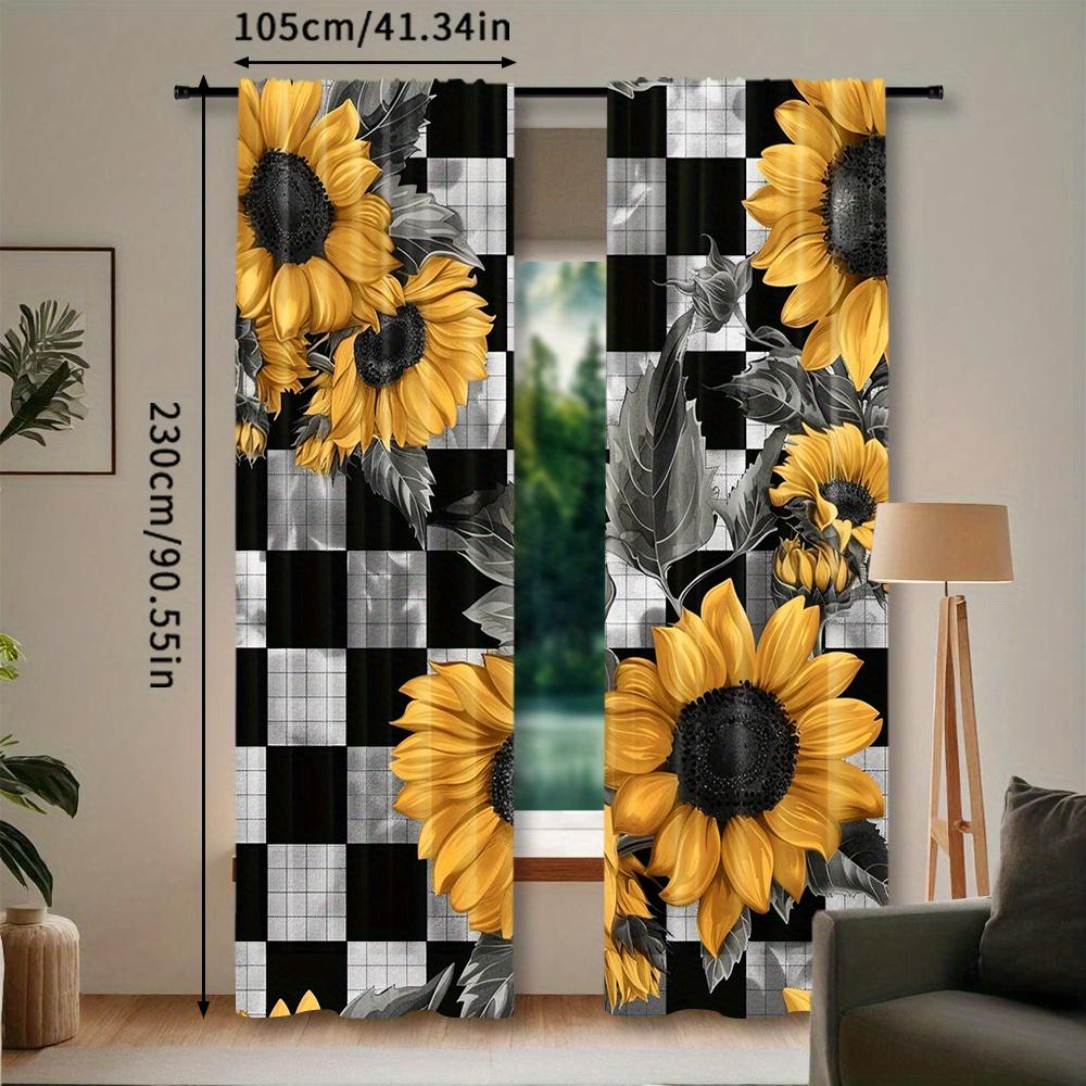 2pcs   Black And White Checkerboard Sunflower Printed Curtains   Curtains Rod Pocket Window Treatment for Bedroom Living Room Kitc