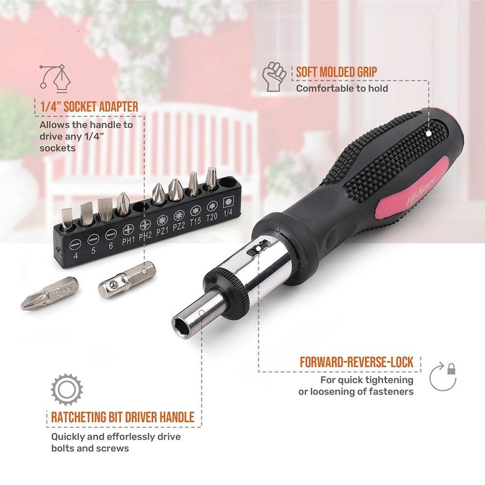 Buy 11pc Pink Ratchet Screwdriver Bit Set Slotted Phillips Ratchet ...