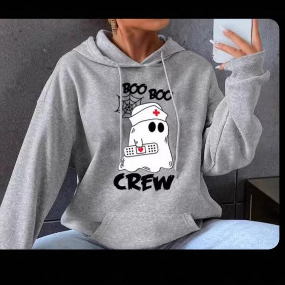 Ladies Spring Autumn Casual Hooded Long Sleeve Big Pocket Halloween Ghost Nurse Printed Pullover Hoodies Sweatshirt Top