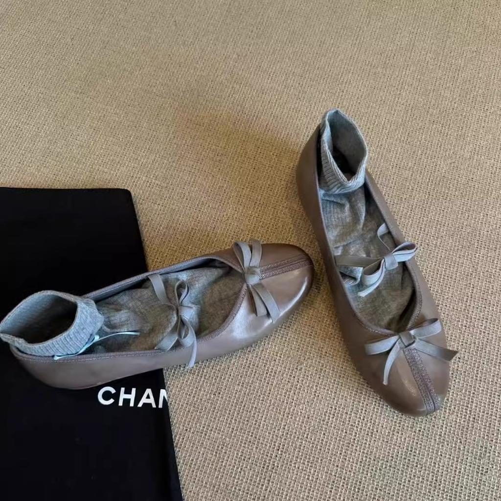 Sheepskin version~ Retro bow Mary Jane shoes women's round head elastic one-word strap ballet shoes light mouth low heel single shoes