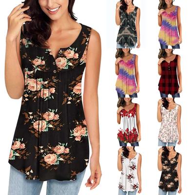 Women's Fashion Printed Pleated Sleeveless Casual T-shirt Vest Button Top