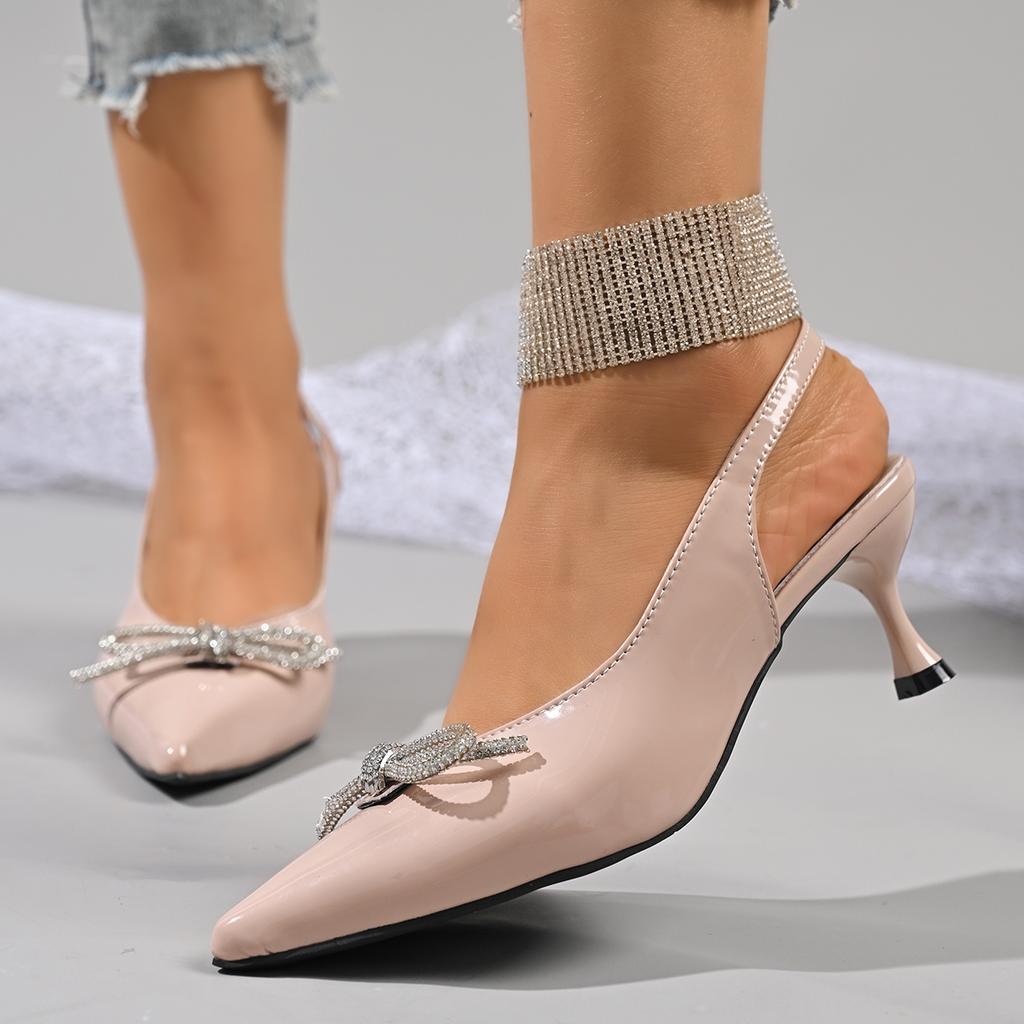 Women's Bow-Knot High Heel Sandal Sexy Crystal Decor Pointed Toe Sandalias Woman New Style Office Ladies Non Slip Sandals Female