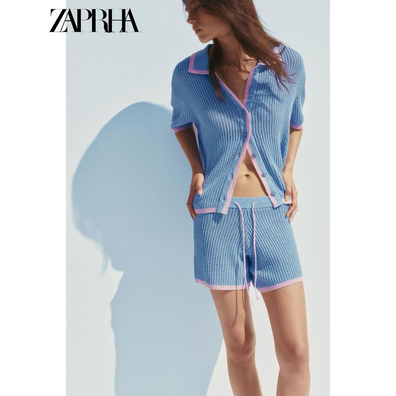 Zaprha 2025 Summer New Fashion Contrast Color Knitted Polo Shirt Short Sleeve Cardigan Outerwear 3920260