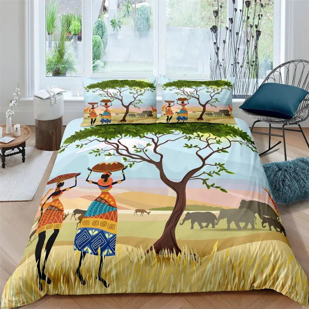 African Woman King Queen Duvet Cover Retro Exotic Tribal Black Girl Pattern Bedding Set Africa Polyester Quilt Cover Pillowcase