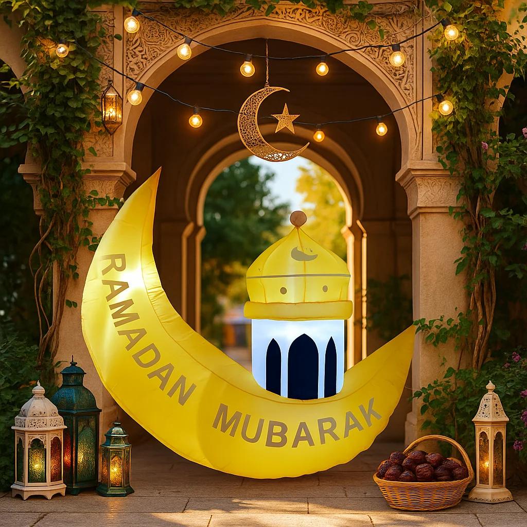 5.2FT Inflatable Yellow Crescent Mosque Decor Islamic Holiday Yard Garden Lantern Themed Decor Ramadan Inflatable For Yard
