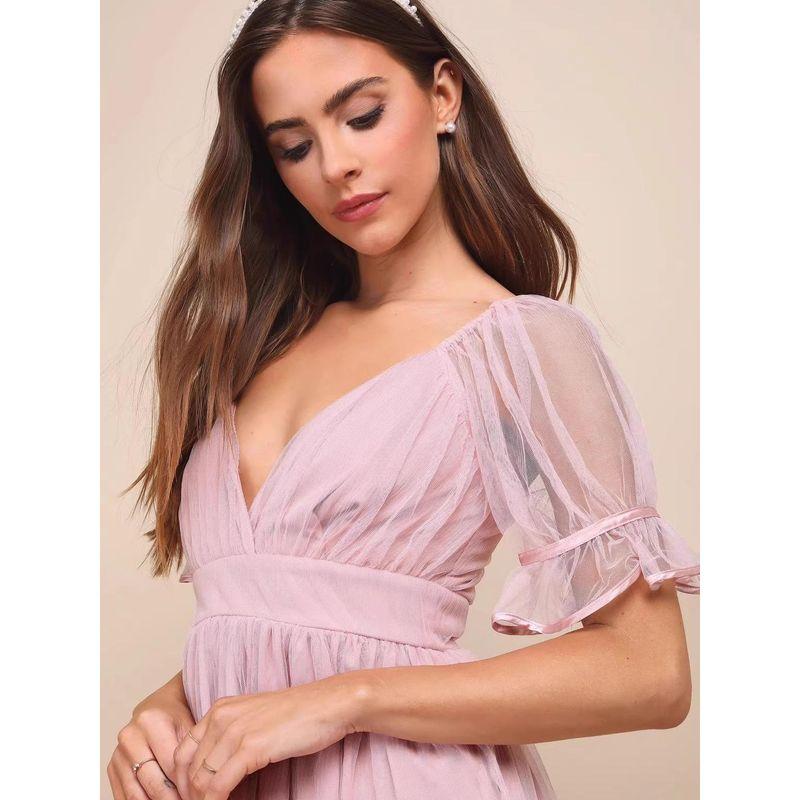 Export Single Lu Home Fairy Mesh Pink and Beautiful Elegance Graceful and Fashionable Short Sleeve Dress Casual Holiday Swing