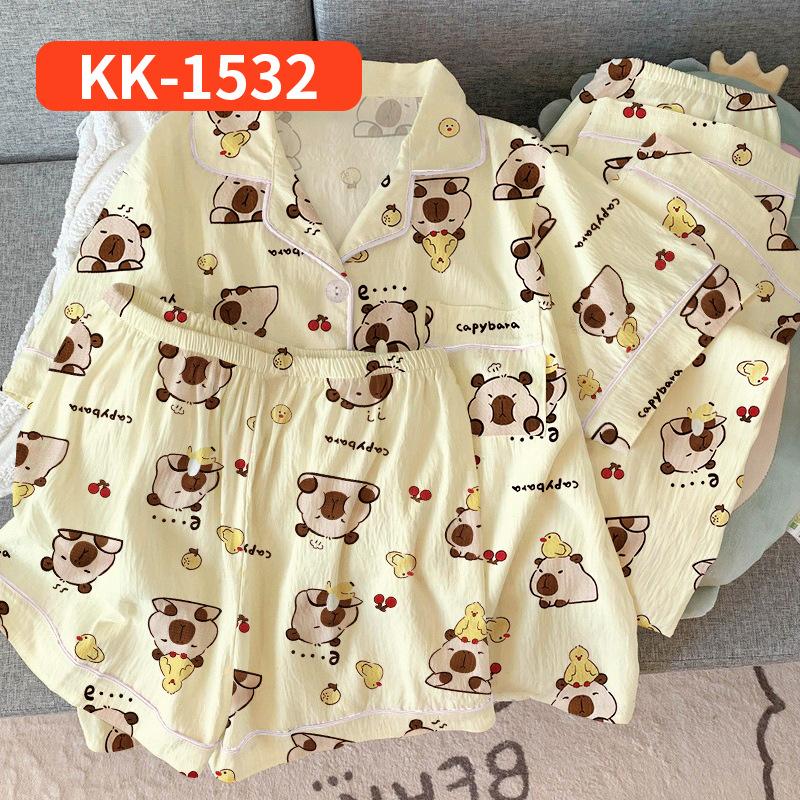 Retro Small Floral High-End Wrinkled Cloth Pajamas Women'S Summer Casual Homewear Short-Sleeved Three-Piece Set