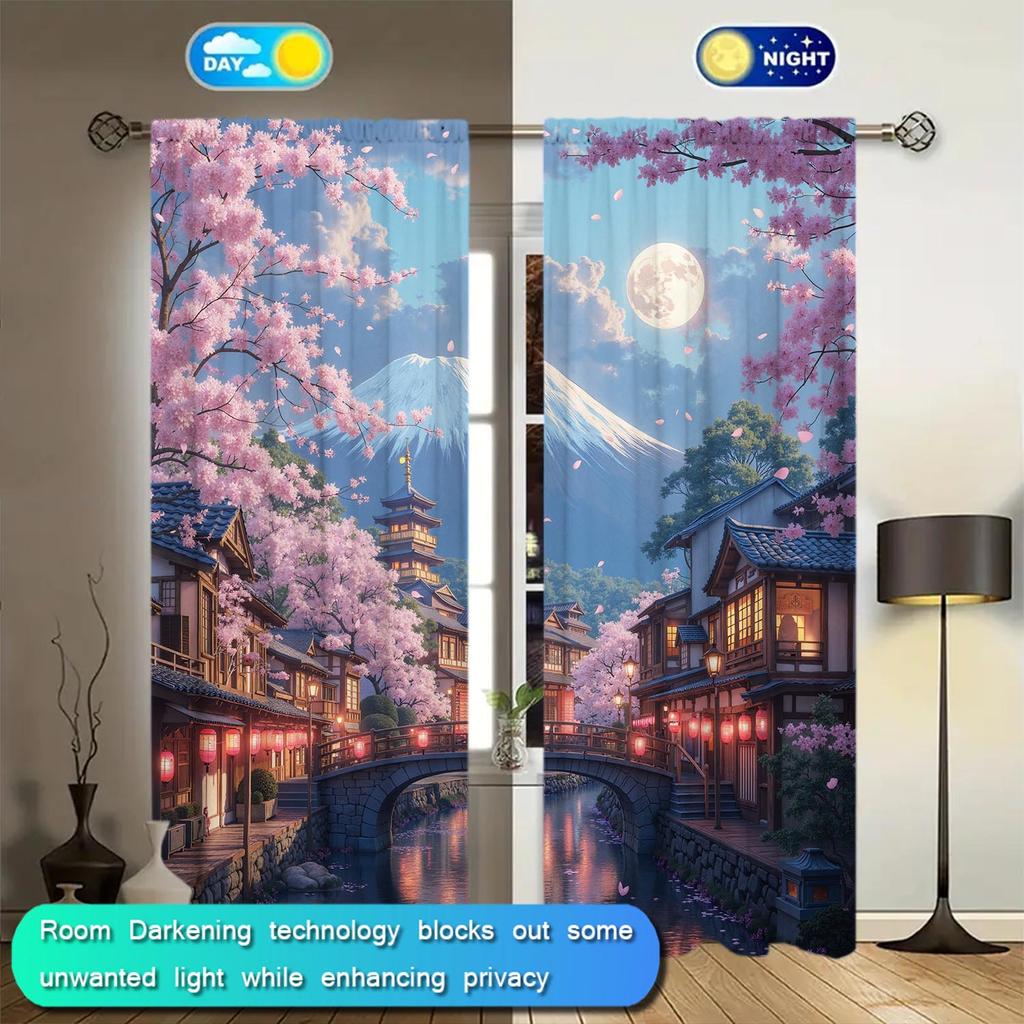 2 Panels Cherry Blossoms in Towns Under Mount Fuji Curtains   Shade and Privacy Protection   Suitable for Decorating Various Rooms