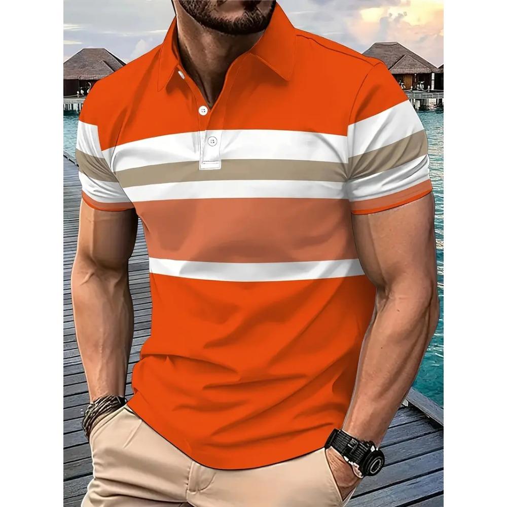 3D Print Men's Polo Shirts Summer Classic Stripes Color Matching
