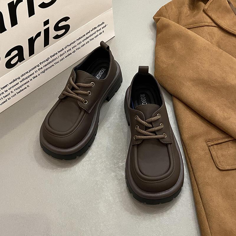 Wind black small leather shoes women's spring versatile lace-up soft sole retro casual single shoes non-slip